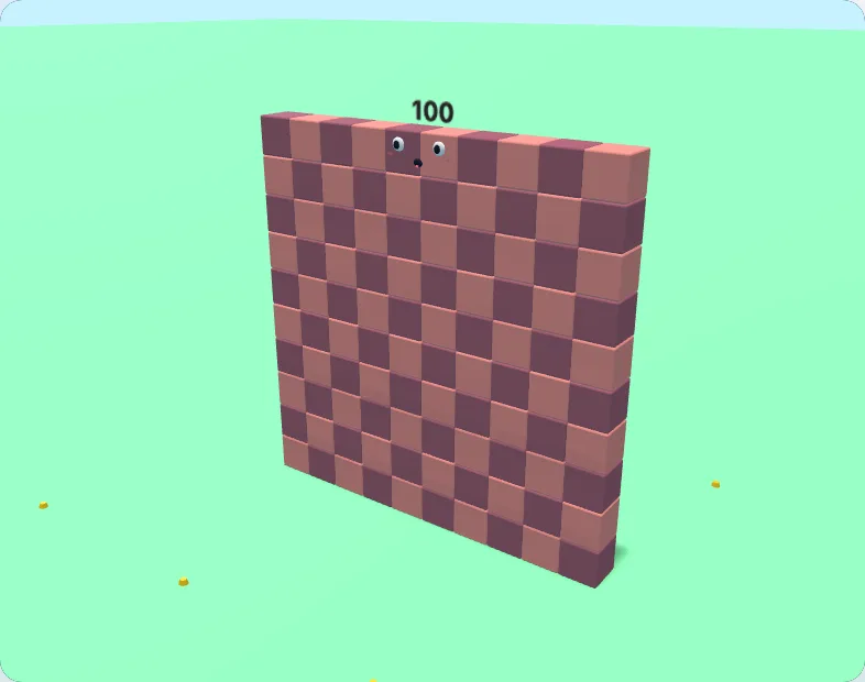A 10 by 10 square 3D number block character for 100 made in the local builder