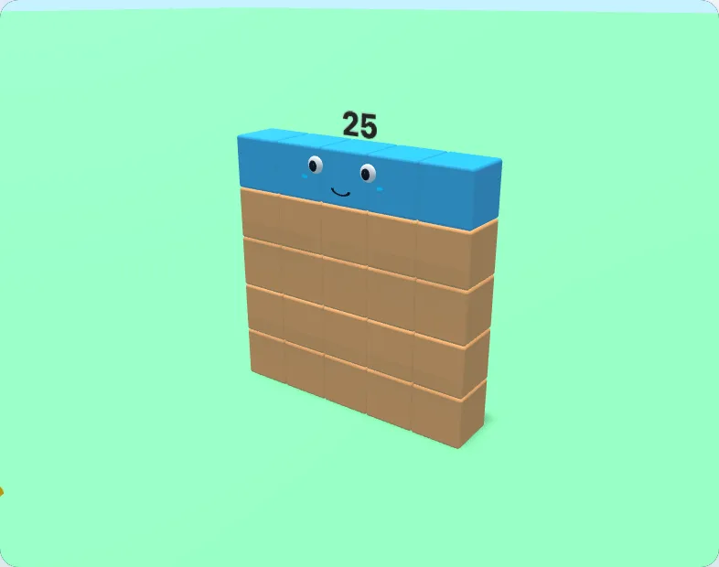 A 5 by 5 square 3D number block character for 25 made in the local builder