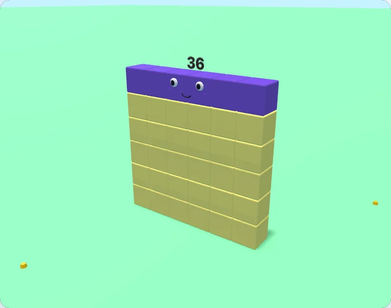 A 6 by 6 square 3D number block character for 36 made in the local builder
